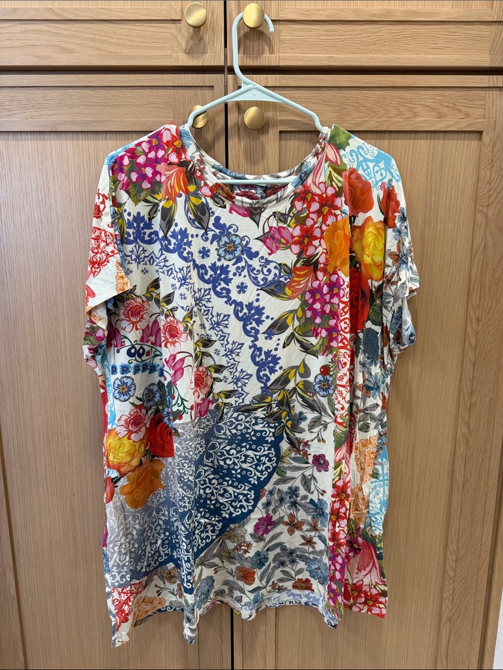 Johnny Was Multicolor Floral Patchwork Short Sleeve Top